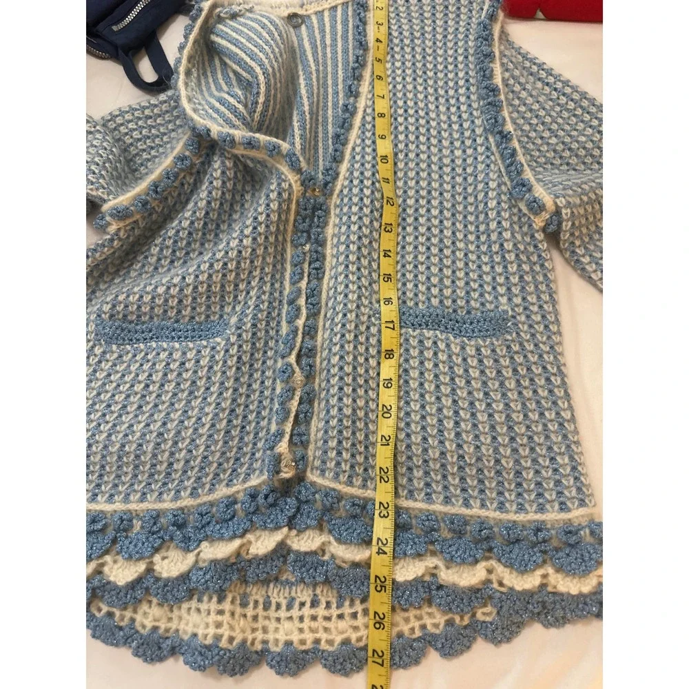 One Girl Who blue tweed cardigan mohair blend scallop metallic knit grandmacore